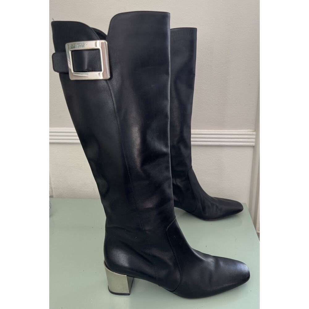 Roger Vivier Black Heeled Boots with Silver Buckle